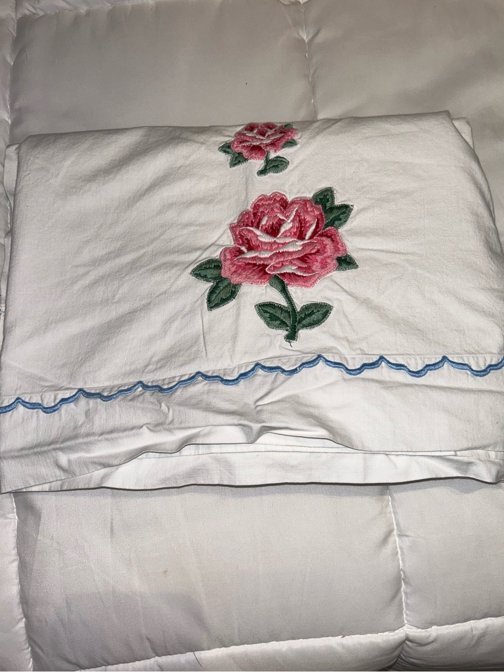 Embroidered Pink Rose double flat sheet - White Muslin